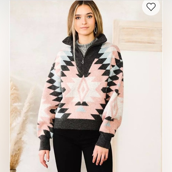 HYFVE Sweaters - HYFVE Pink and Black Aztec Quarter Zip Cropped Sweater